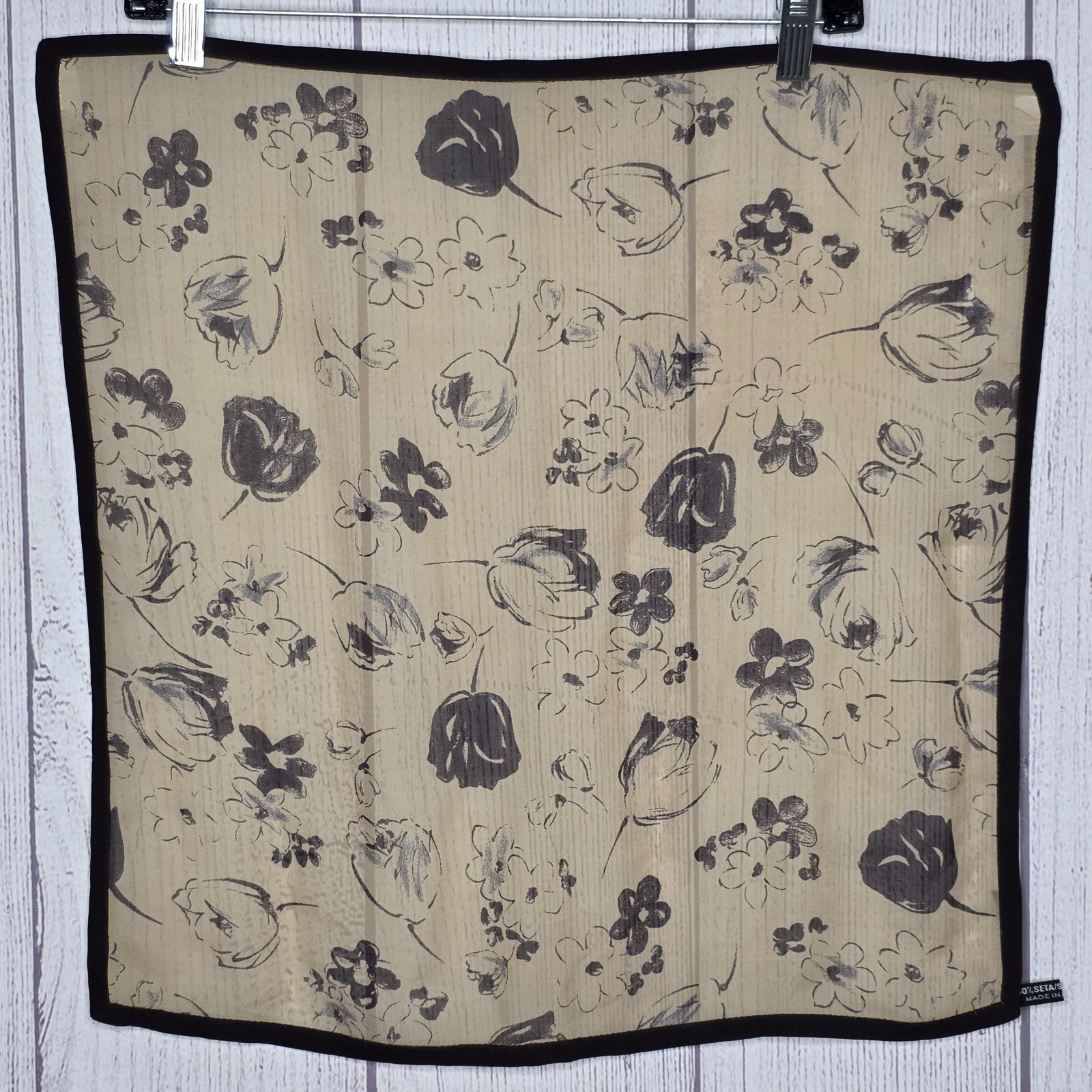 Franco Ferrari Silk Scarf Botanical Floral Black  Tan Made In Italy  195